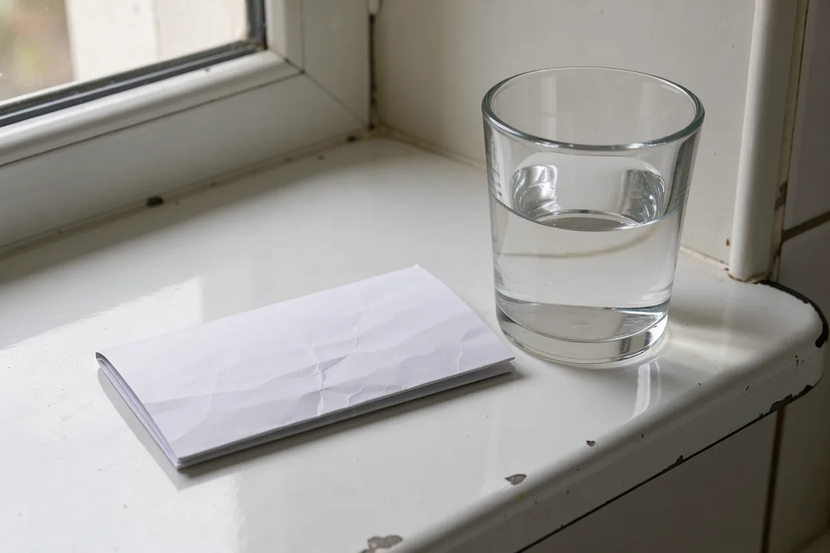 A narrow blank paper insert folded closed beside a clear glass of water on an enamel kitchen shelf.