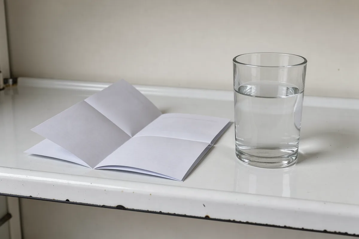 A blank paper leaflet partly opened next to an untouched drinking glass on white enamel.