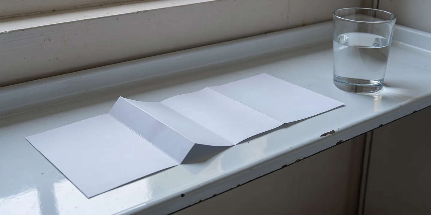 Parallel folds in a blank paper insert on a sunlit white enamel shelf, with a glass of water at one end.