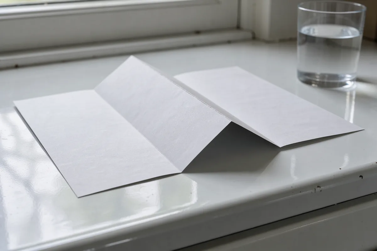 The creased edge of a blank folded insert with a water glass further along the enamel shelf.