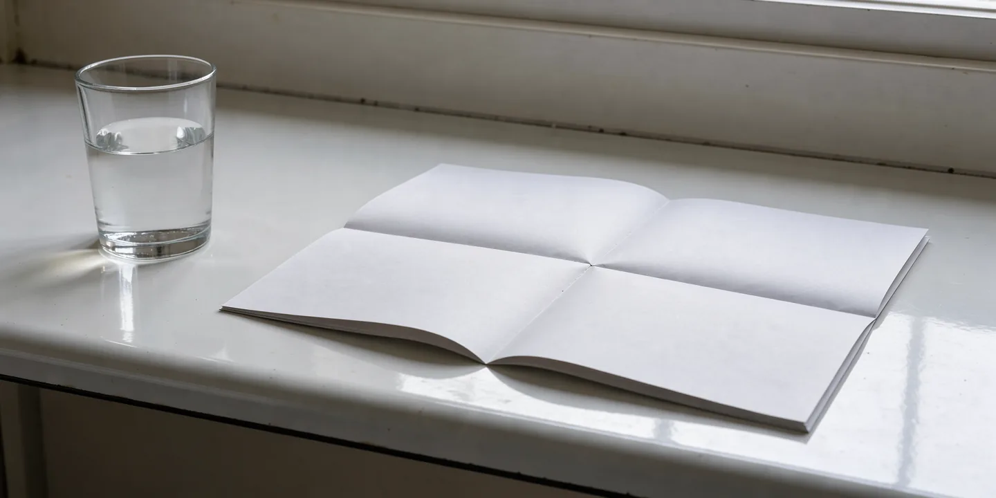 Daylight crosses a blank paper insert opened flat on a white enamel shelf beside water.