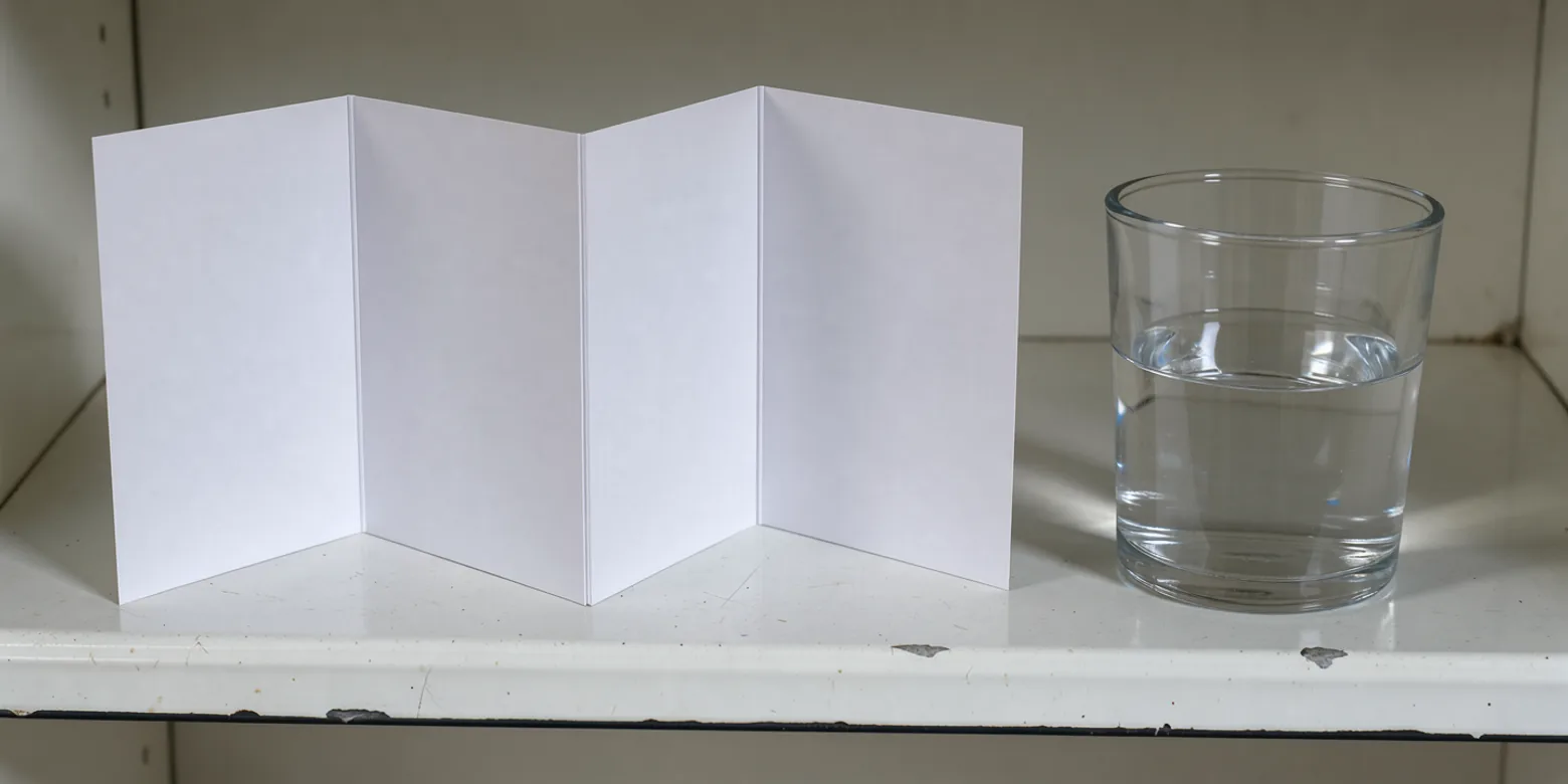 An unprinted paper insert unfolded beside a glass of water on a white enamel kitchen shelf.
