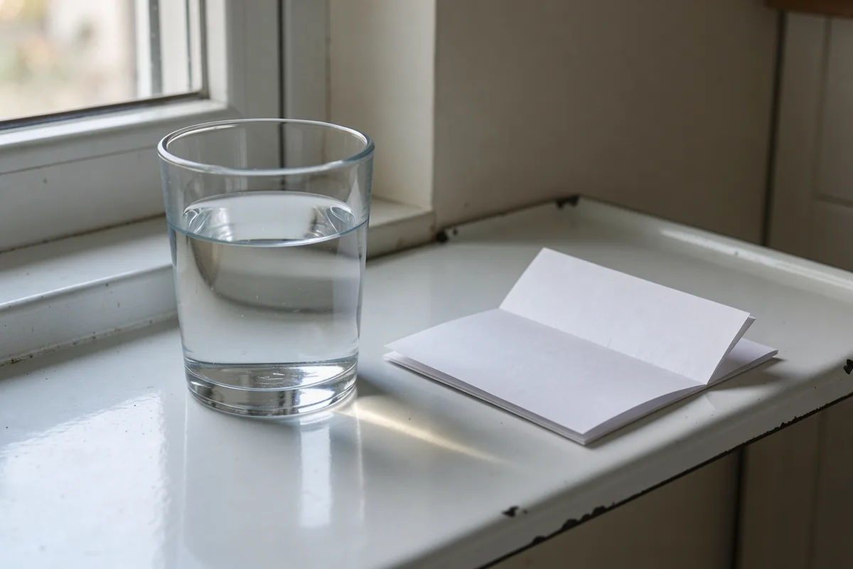 Light from a plain water glass falls across an unprinted paper insert on an enamel shelf.